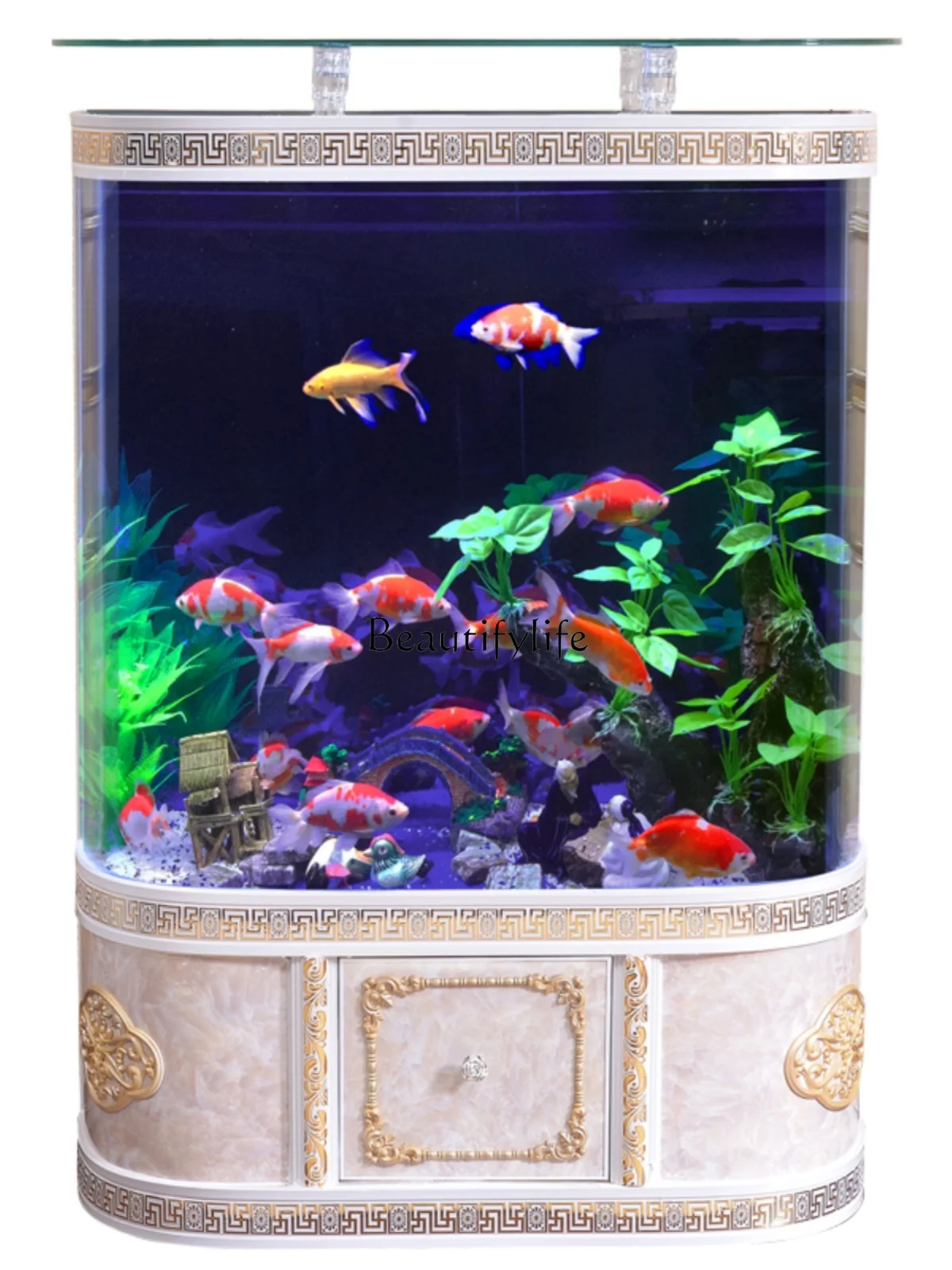 

European-Style Fish Tank Arc-Shaped Household Floor-to-Wall Ecological Medium and Large Glass Change Water Aquarium