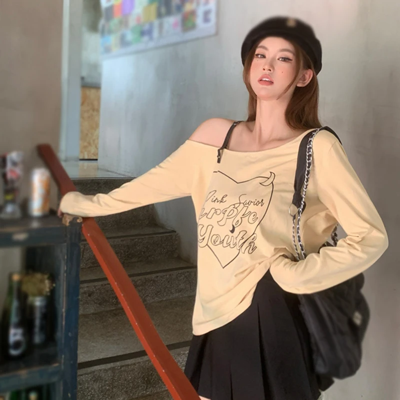 Outerwear Korean Style Casual Top Long-Sleeved One-Shoulder Long Style Pure Desire Style Autumn Simple T-shirts