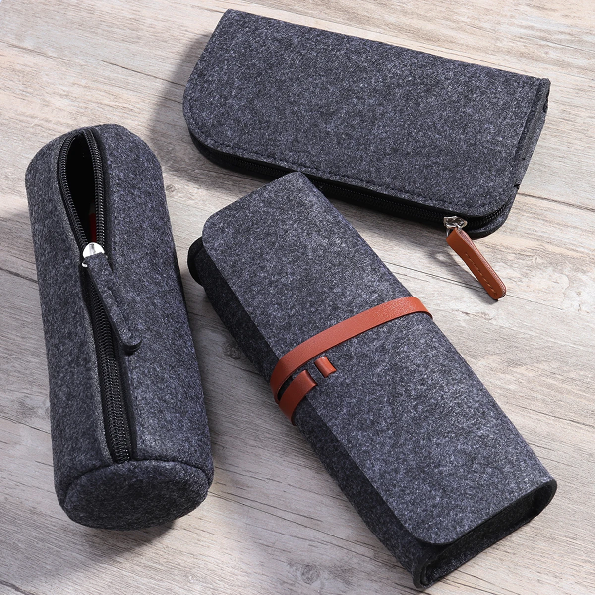 مجموعة مقلمة من اللباد مكونة من 3 قطع باللون الرمادي الداكن ذات سعة عالية منظم قرطاسية وحقيبة أقلام وحقيبة مكياج مقلمة #5