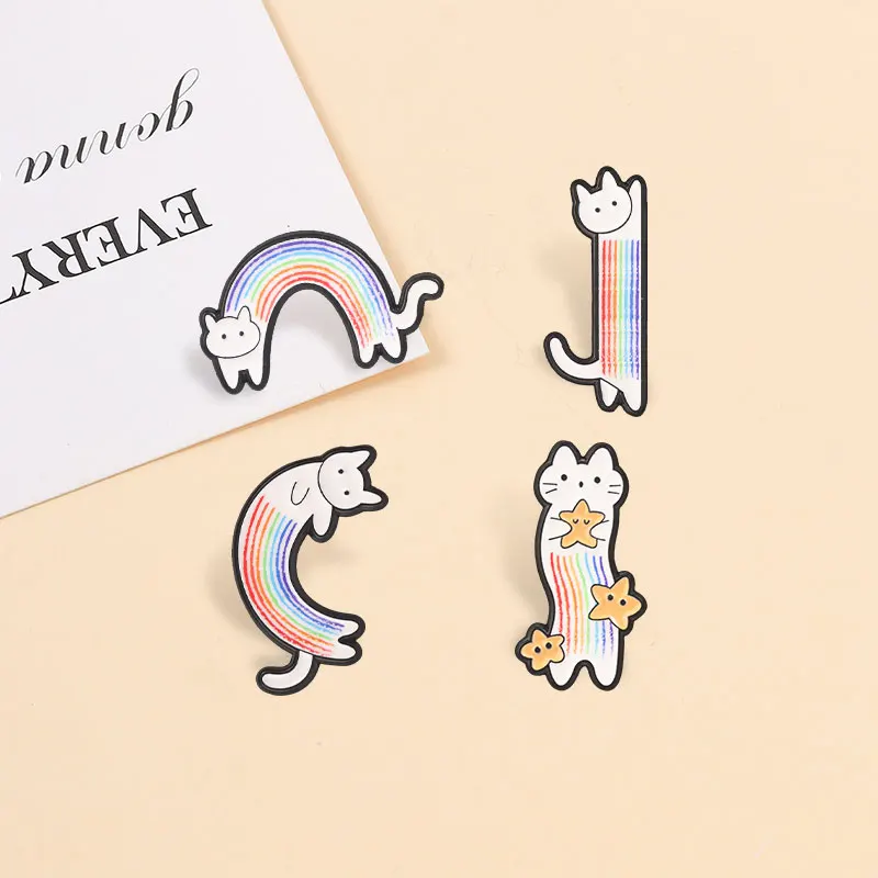 Regenbogenfarbene Katzenförmige Emaille-Abzeichen Niedliche Cartoon-Kätzchen Sternförmige Anstecknadeln Liebliche Bunte Metallbroschen Anstecknadel-Set Geschenk für Kinder – Detail 7