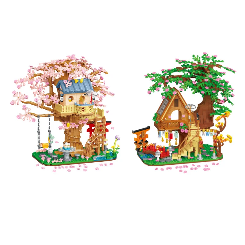 Creative Sakura TREEHOUSE Mini Block Cherry Blossom Four Seasons Tree House Figures Building Brick Assemble Toys For Gifts