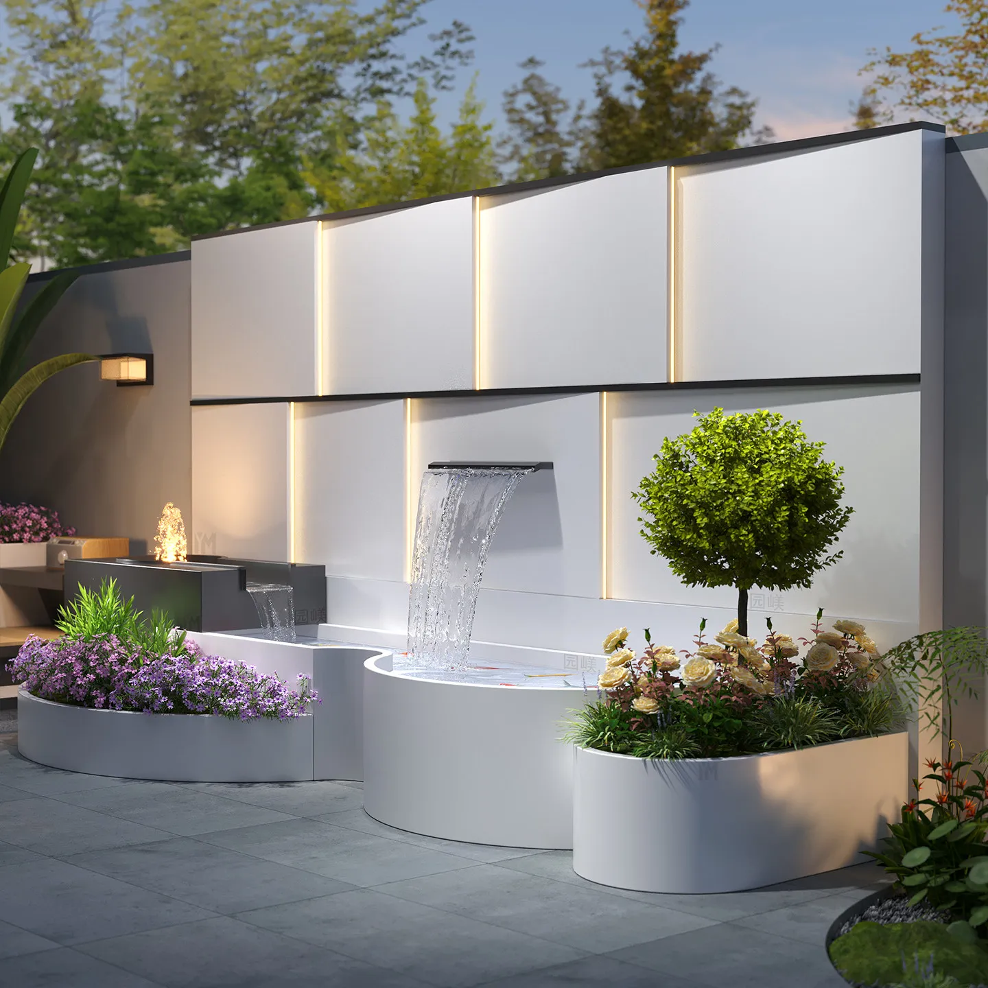 L8.28 Outdoor stainless steel waterfall wall screen - courtyard water feature ornament - recirculating water garden fish pond
