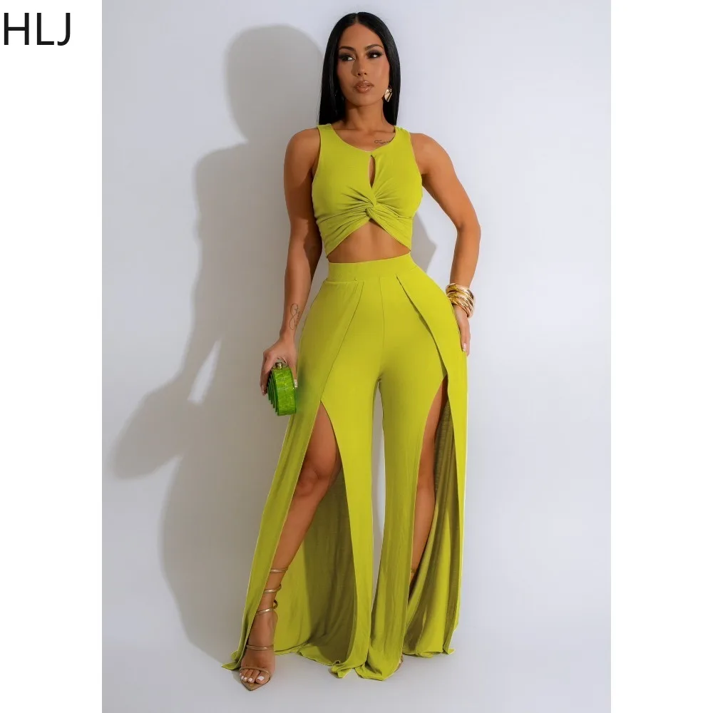 HLJ Fashion Solid Slit Wide Leg Pants Two Piece Sets Women Round Neck Sleeveless Crop Top + Pants Outfits Female 2pcs Streetwear