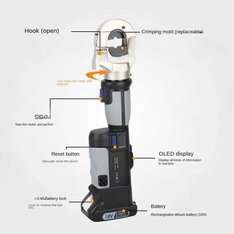 PZ-300 Portable Battery Hydraulic Crimping Plier Cordless Electric Crimper for 16-300mm Copper Aluminum Cable Lug