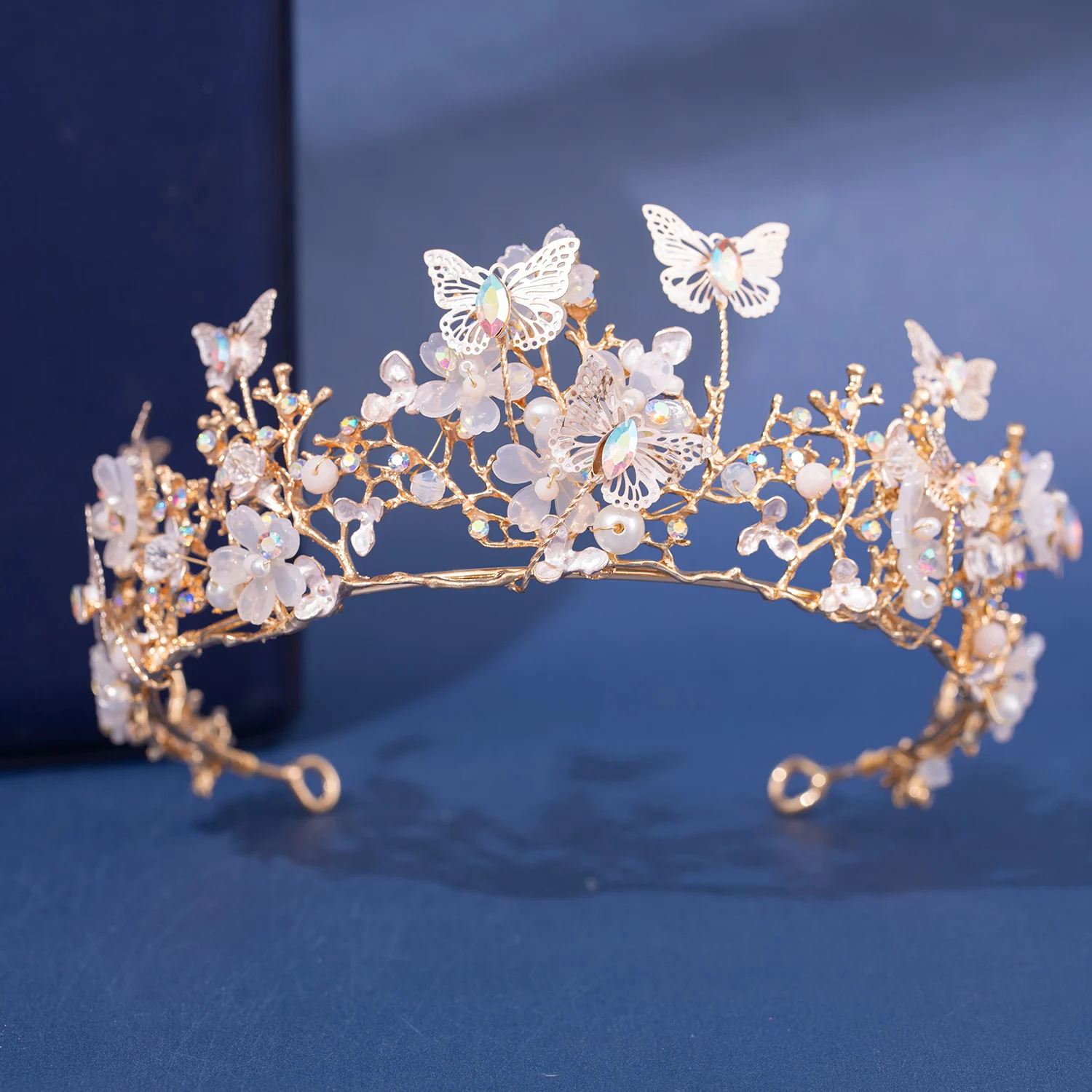 Handmade Bridal Pearl Rhinestone Crown, Tiara Butterfly Floral Crown, Wedding Gift, Floral Design Handmade Crown Hair Accessorie image 5