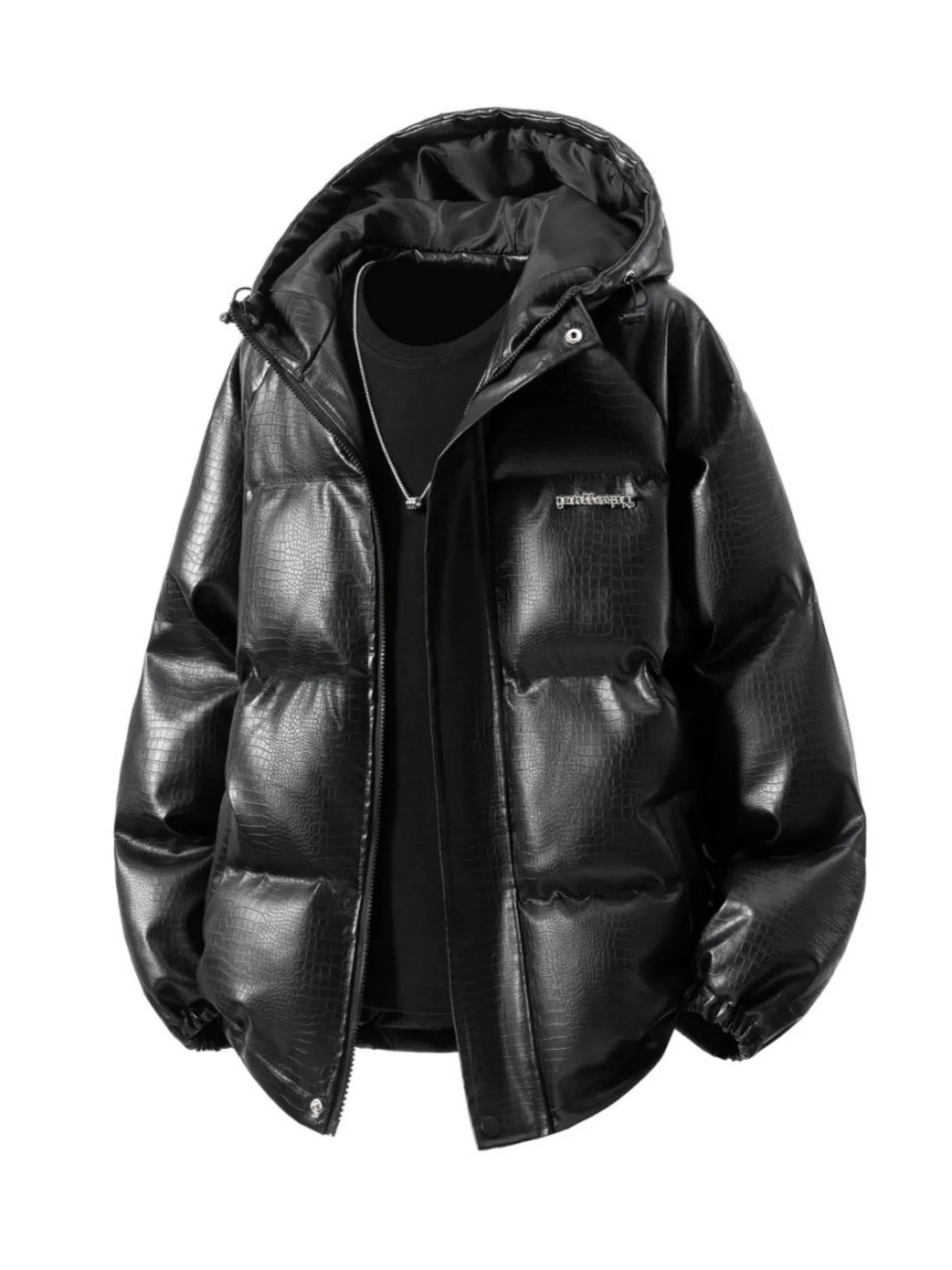 

American Style Thickened PU Leather Hooded down Cotton Jacket Men's Winter Anti-Cold Windproof Waterproof Cotton Coat