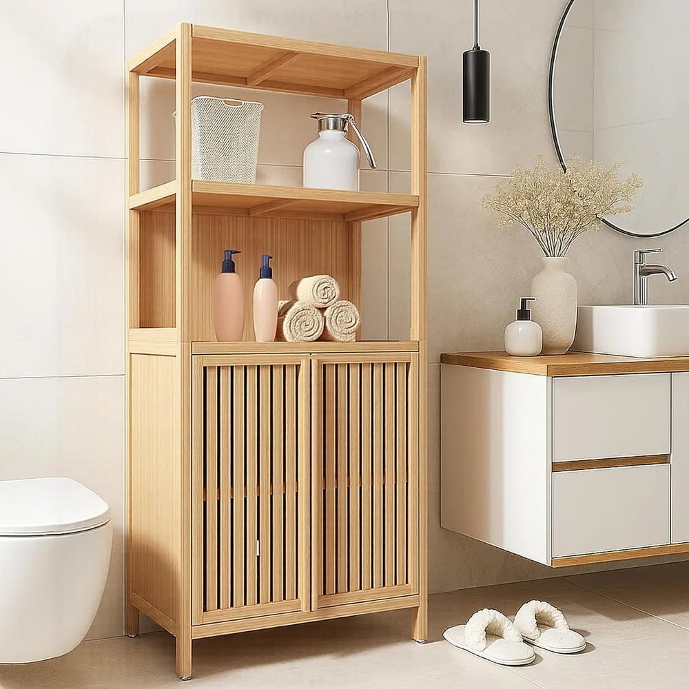 

Tall Bathroom Cabinet, Vertical Storage Organizer With Adjustable Shelves,Soft-close Doors & Dual Open Shelving,Bathroom Cabinet