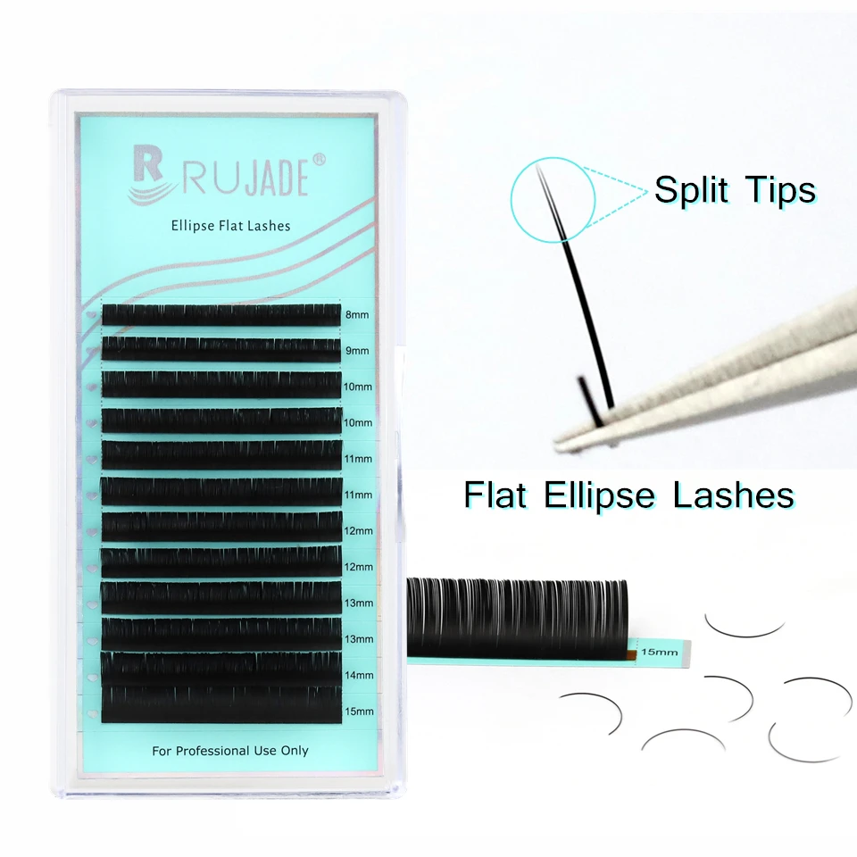 RUJADE Flat Ellipse Eyelash Extension Natural Soft Light 8-15mm&Mix Dark Black Split-tips Individual Faux Flat Lashes Makeup