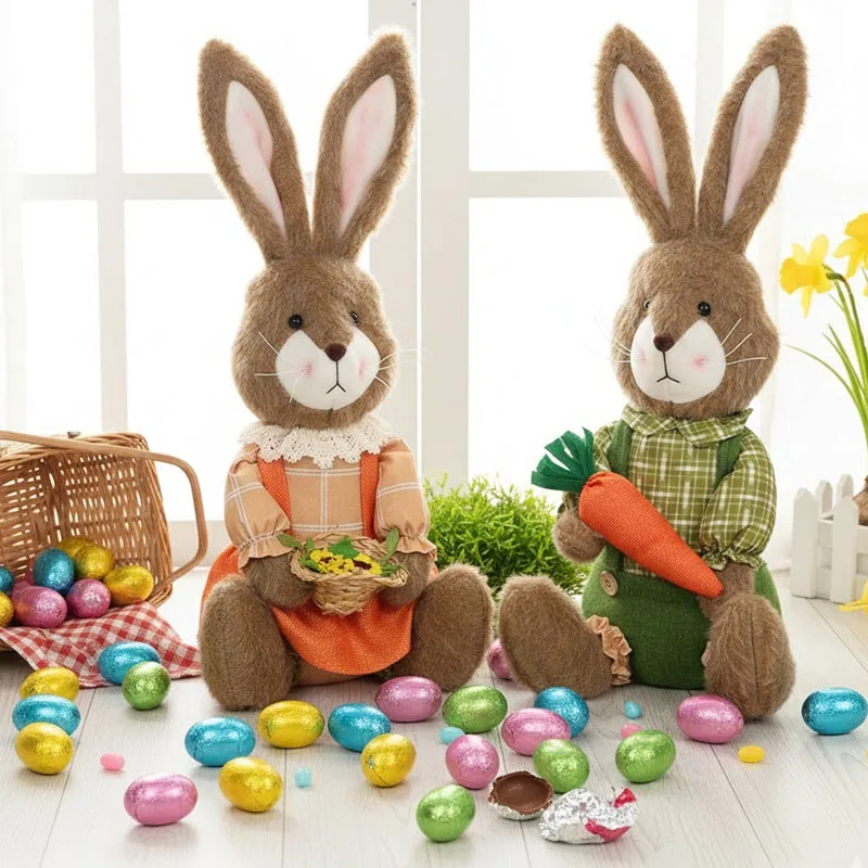 Easter Bunny Figurine Holding Flower Basket and Carrot Creative Cute Rabbit Statue Spring Farmhouse Home Table Decor Ornament