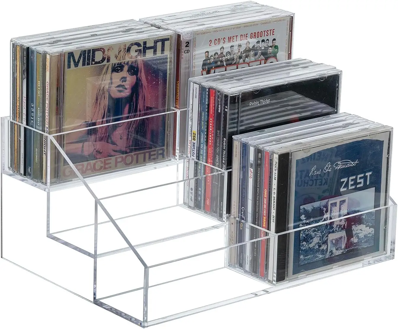 

3 Tier Modern Premium Clear Acrylic Cascading CD Storage Rack, Tabletop Compact Disc Case Holder, Media Organizer Display