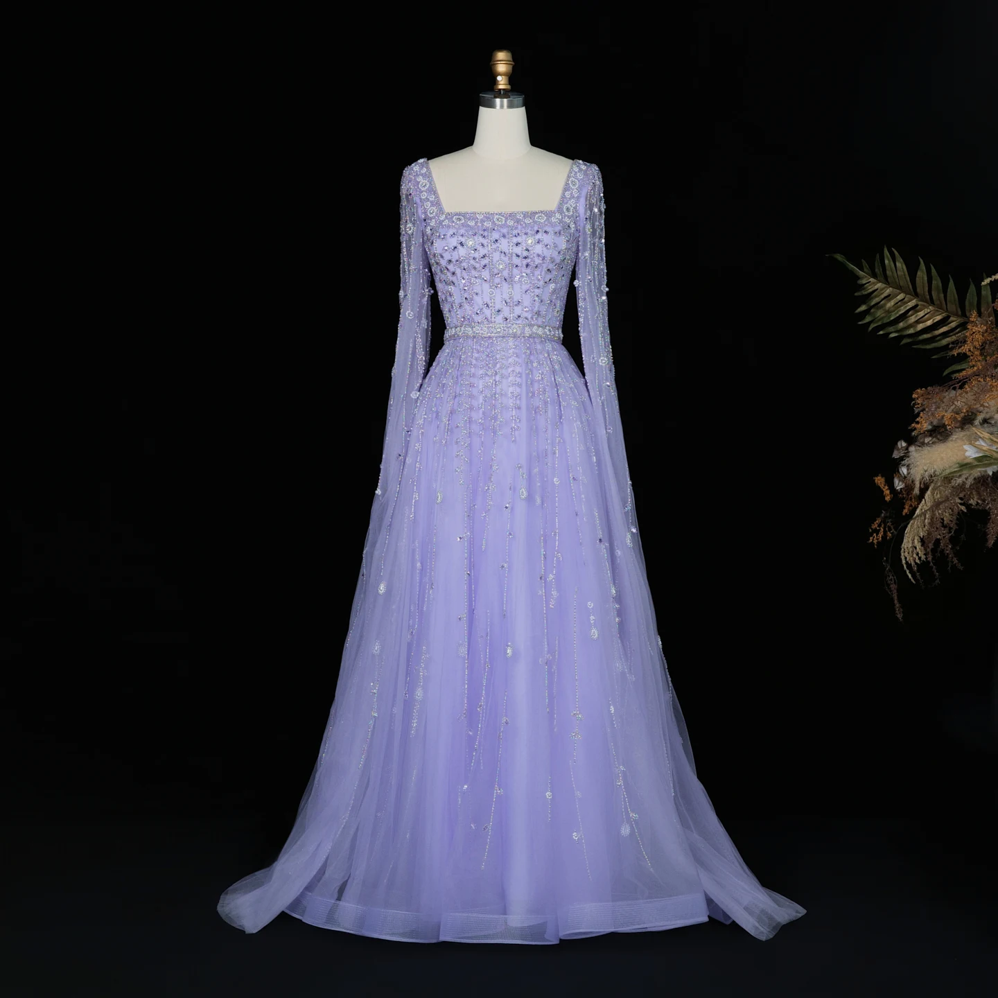 Sharon Said Luxuriöses Flieder-Champagner-Abendkleid mit Quadratischem Ausschnitt und Ärmeln, Rosa Muslimisches Abendkleid für Hochzeitsfeier, SS494 Maßanfertigung – Detail 14