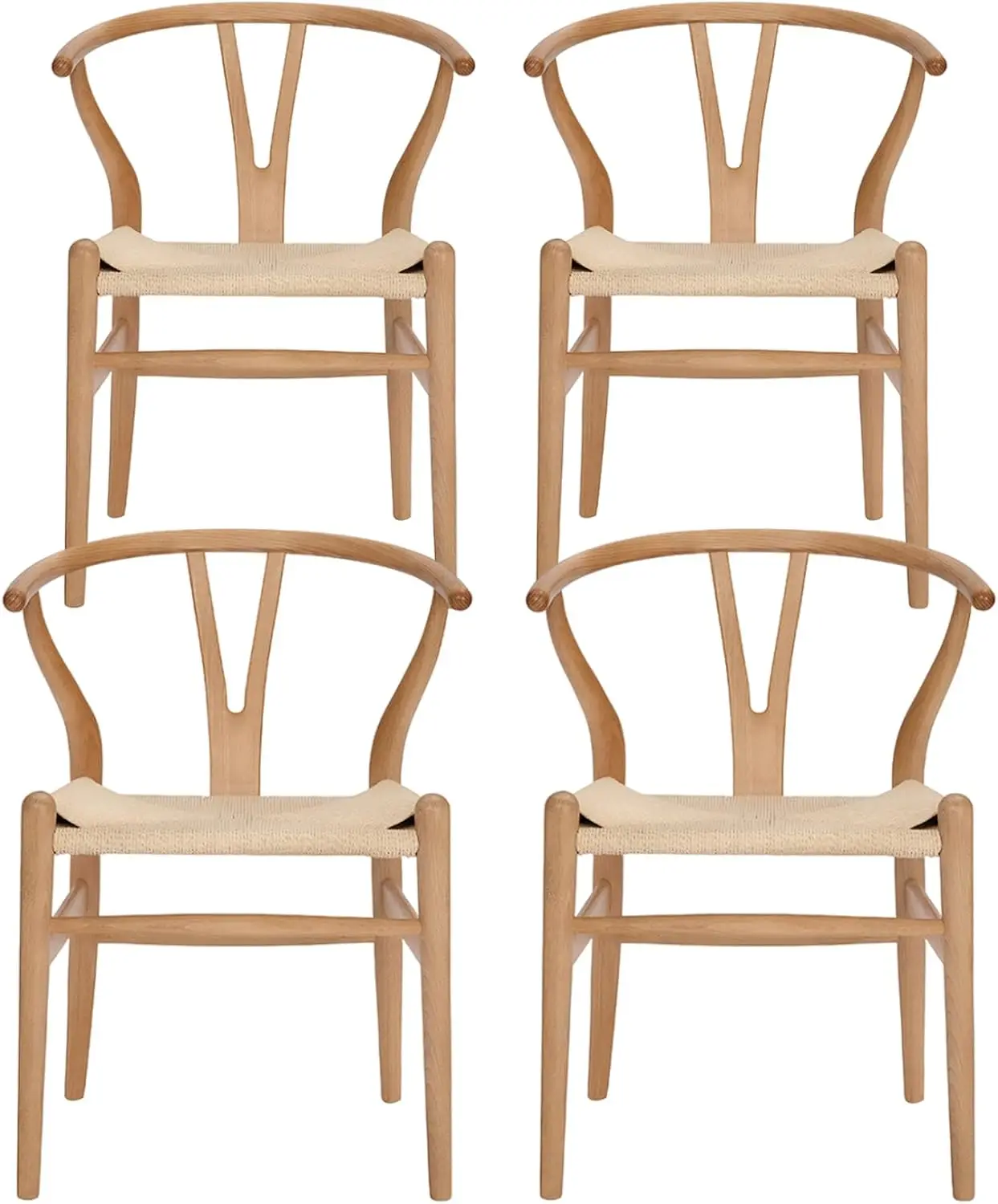 Wishbone Chair Natural Solid Wood Dining Chair/Hans Wegner Y Chair Rattan Wood Accent Armrest Chair - Beech Wood Chair Set of 4