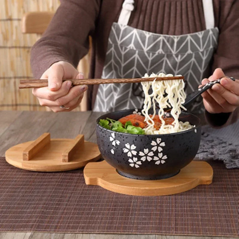 Japanese Tableware Instant Noodles Bowl Dining Room Ceramic Salad Bowl Bring Wooden Spoon Chopstick