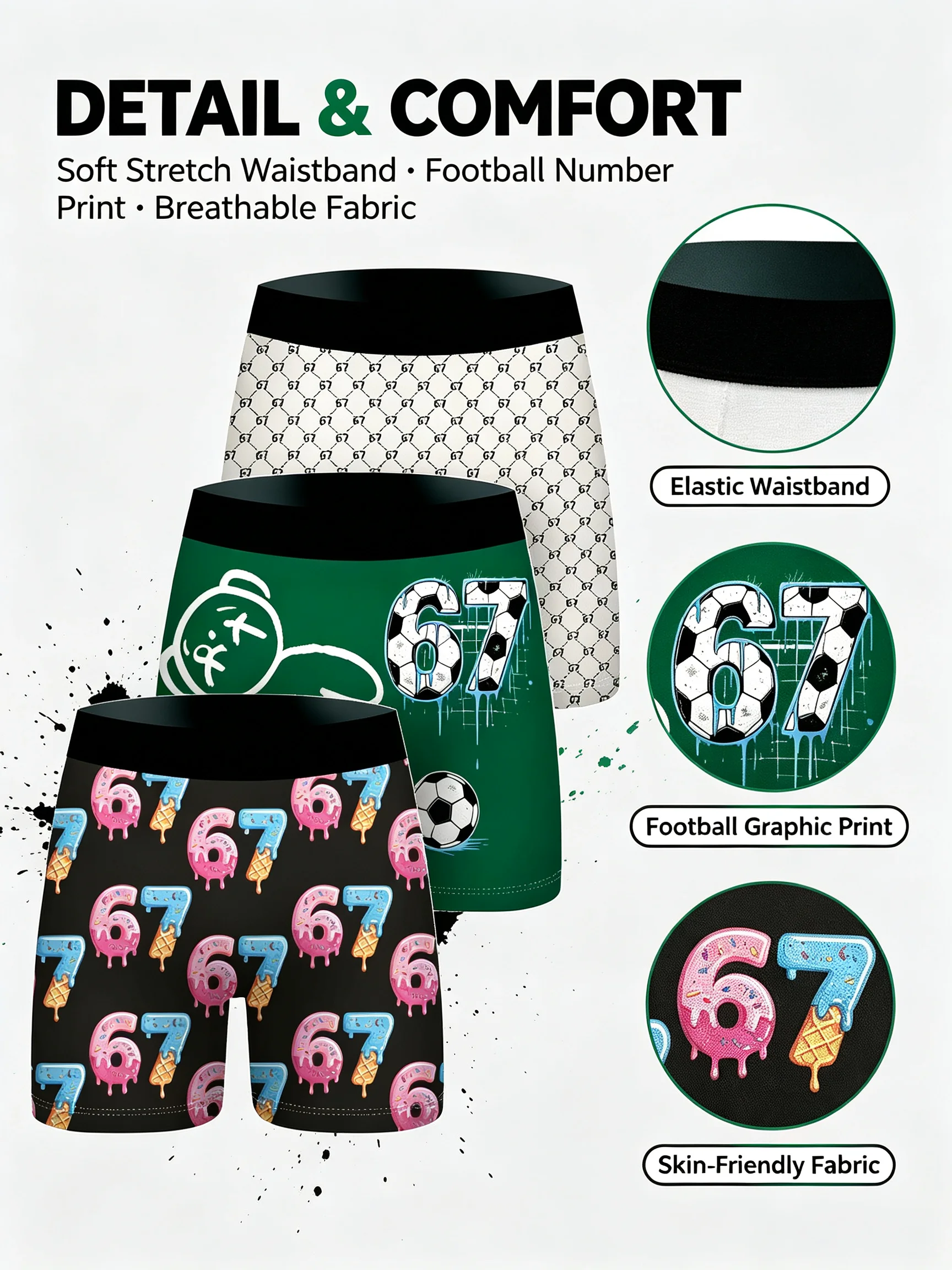 3Pcs Men Boxer Briefs Soccer Number 67 Donut Ice Cream 3D Print Underwear Soft Stretch Male Underpants Novelty Gift