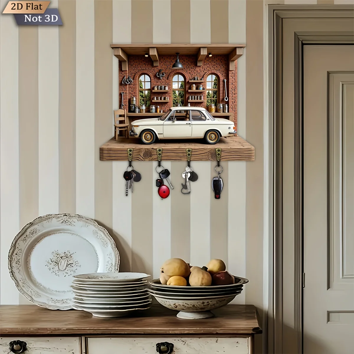 2D Flat, 1pc, Vintage  Theme Style Key Hook, Wooden Multifunctional Home Key Hanger, with four metal hooks, wall decor, porch