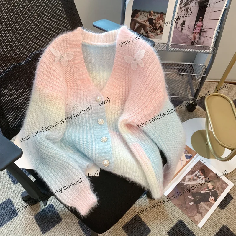 Spring and Autumn Women's Sweater Jacket Three-dimensional Butterfly Korean Version Gentle Segment Dyed Knitted Cardigan