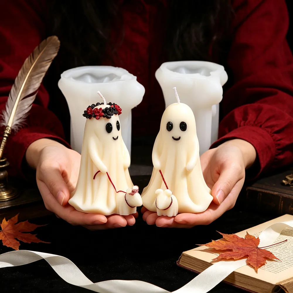 Halloween Ghost Bride & Groom Candle Mold with Couple Ghost Walking Dog Statue Detail Mold DIY Candle,Soap Making Craft Lovers