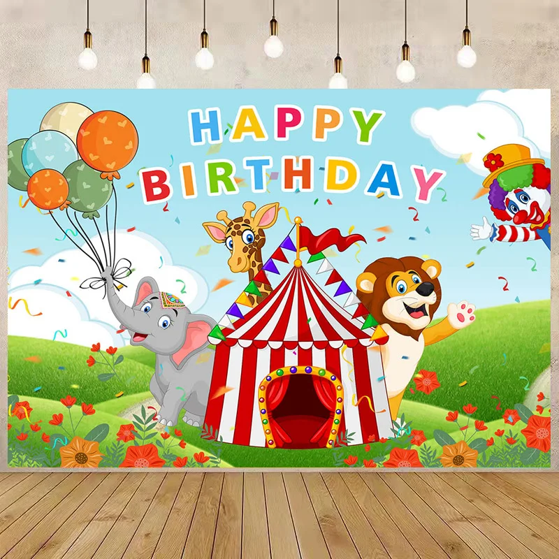 

Happy Birthday Cake Smash Table Banner Decor Photo Background Cartoon Elephant Lion Circus Camp Kids Party Backdrops Vinyl