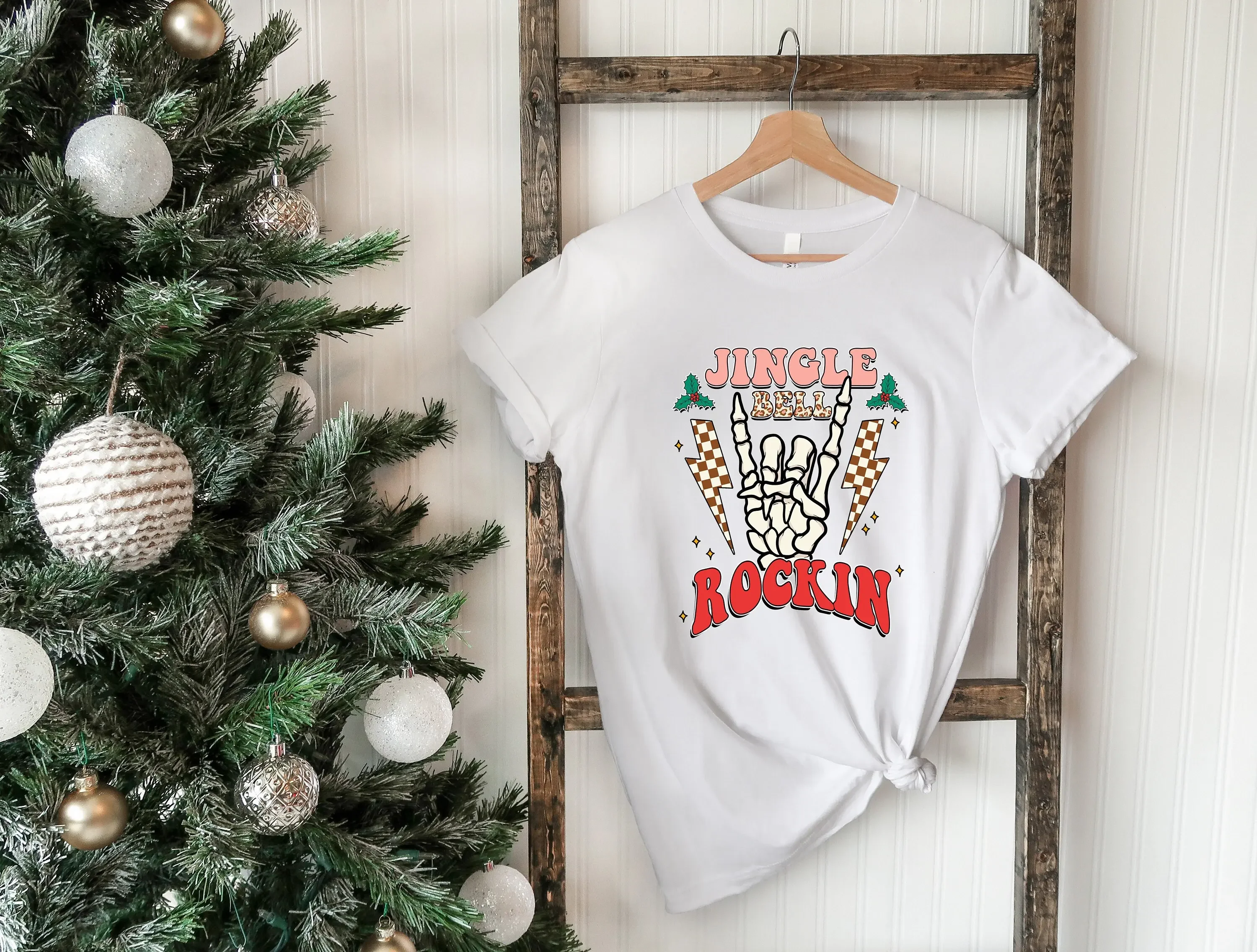 Jingle Bell Rock T Shirt Christmas Party Skeleton Hand Music Lover Rocking Xmas