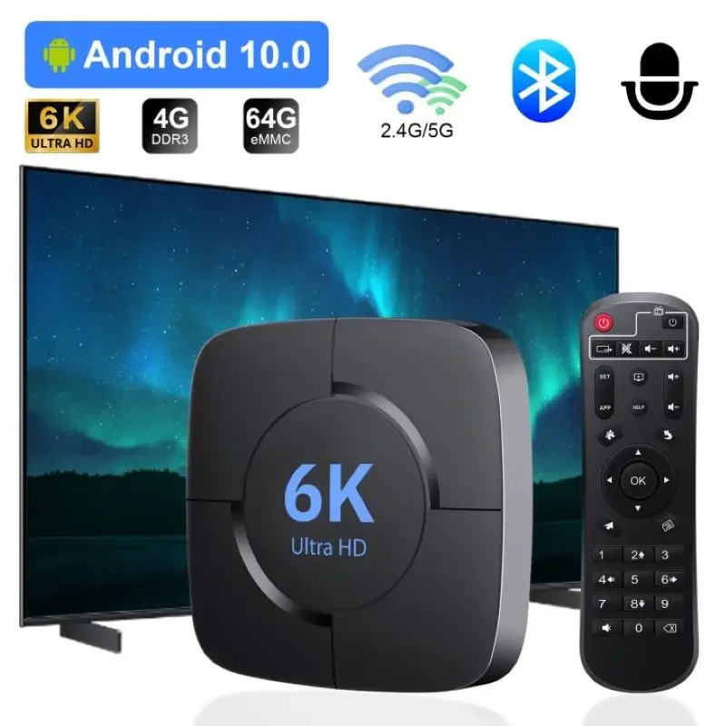 Smart TV Box 6K Android 10 Support 4K HD 1080p Video 2.4G/5G WiFi Bluetooth H.256 Smart Voice Media Player Set Top Box