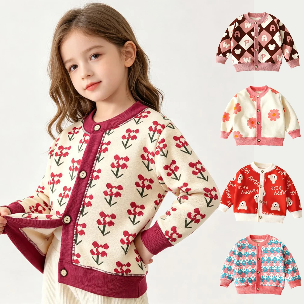 1-9Yrs Girls Clothes Knitted Cardigan Long Sleeve Kids Sweater Buttons Fashion Cardigans Coat Brown Flower Knit Jumper Outerwear