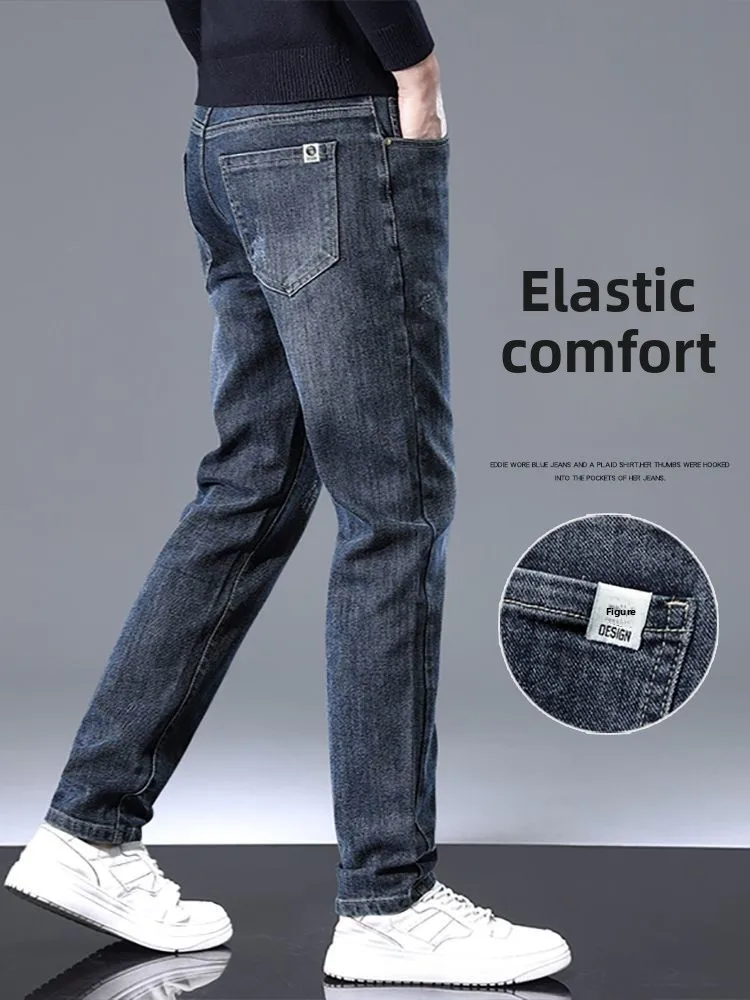 Spring and Autumn Jeans Cowboy Elastic Straight Loose Men's Clothing Versatile Jeans Luxury Solid Fashion Casual Long Pants