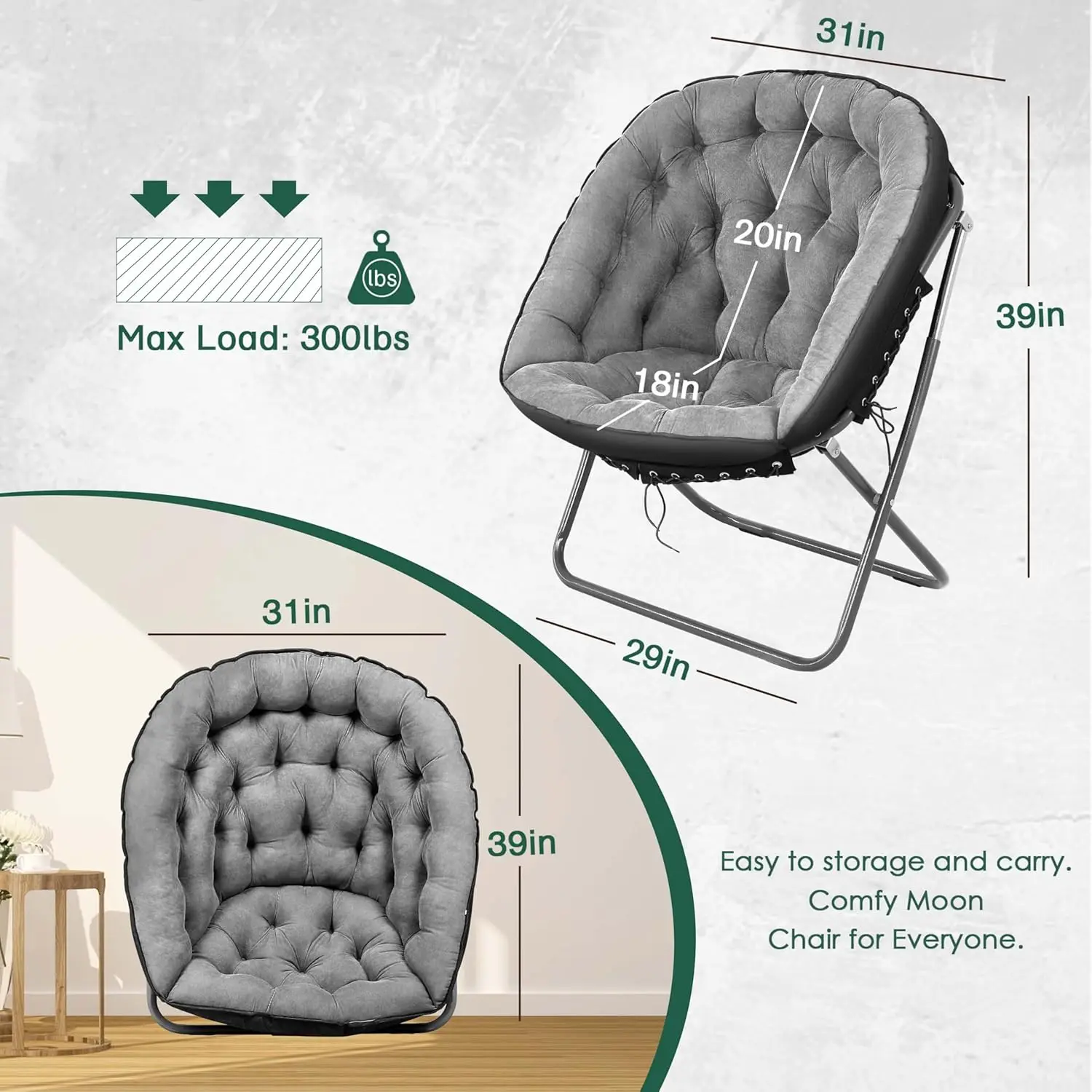 Folding Saucer Chair, Oversized Lazy Moon Chair with Metal Frame, Portable Folding Chair, Comfy Chairs for Bedroom