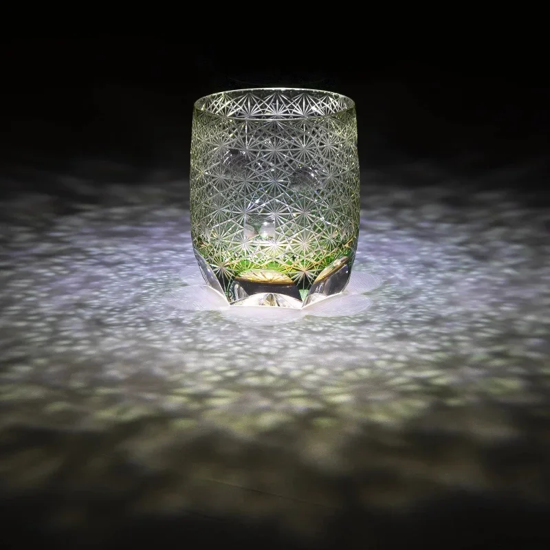 Handmade Edo Kiriko Japanese Glass Tumbler Green Daisy Art 300ml Traditional Cut Glass Cup for Whisky,Luxury Gift Dropshipping