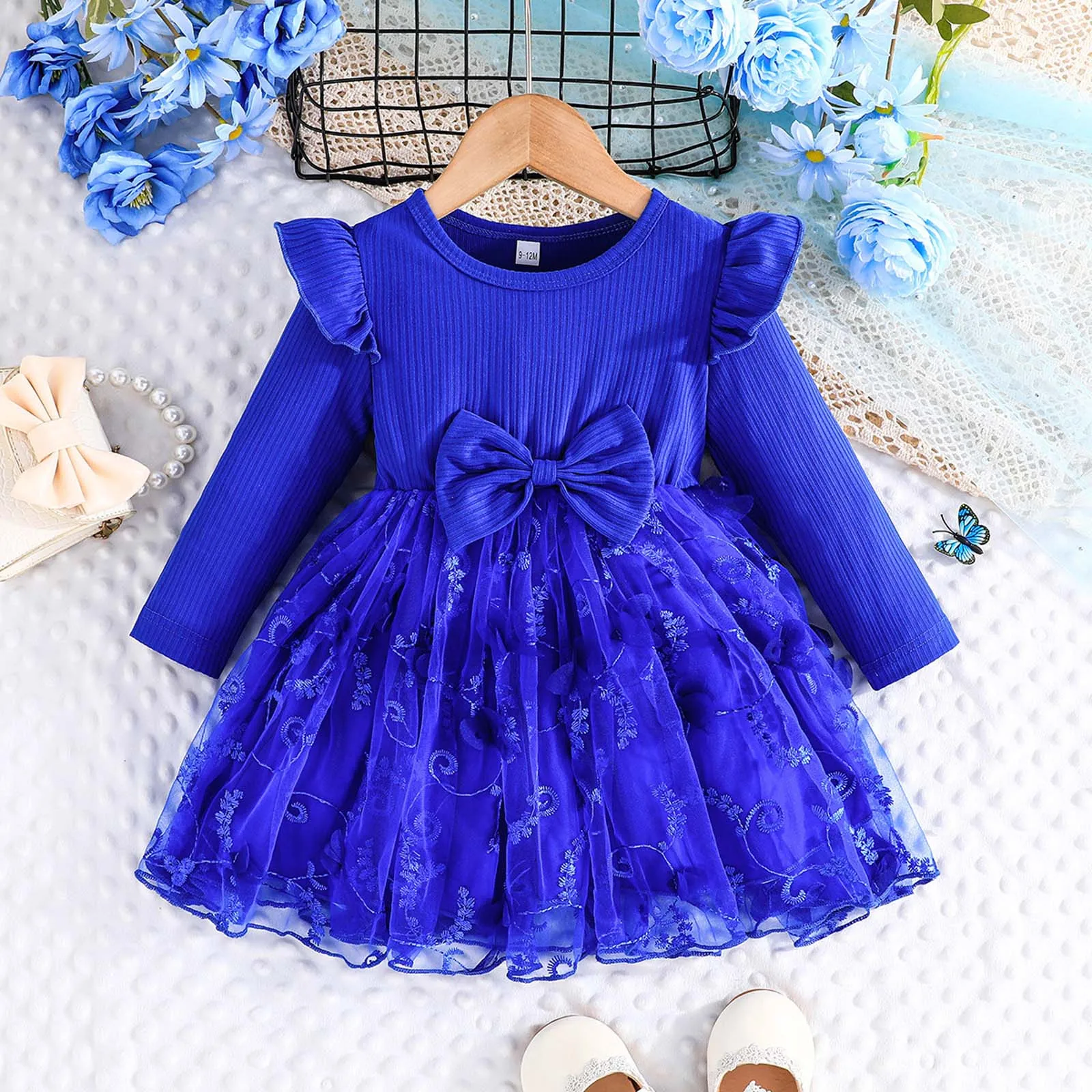 0-4Years Toddler Girls Long Sleeve Bowknot Princess Dress Solid Blue Lace Mesh Flowers Dresses Clothes Toddler Party Dresses