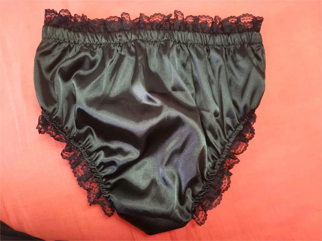 Francese Sexy adulto personalizzato Fetishist Crossdressing Sissy nero raso pizzo nastro fiocco elastico in vita triangolo pantaloncini