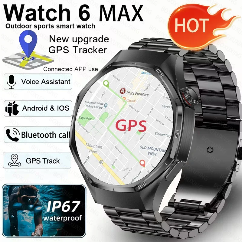 

Новые умные часы Watch 6 Max Global Version для мужчин с HD AMOLED экраном, GPS-трекером, Bluetooth-звонками, водонепроницаемостью, для спорта и здоровья.
