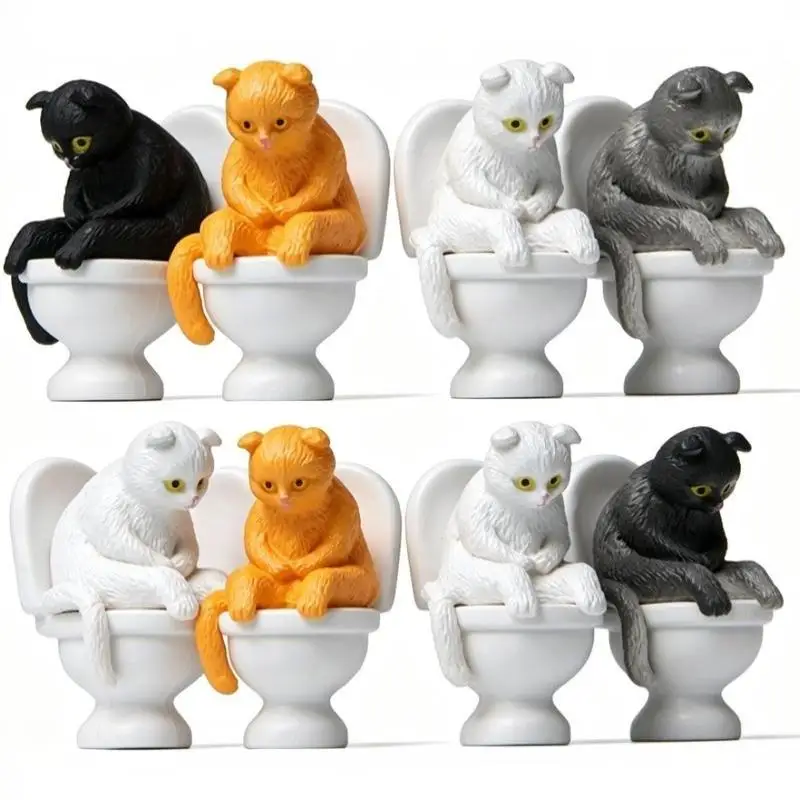 New Funny Sitting On Toilet Seated Posture Kitten Figurines Micro Landscape Ornament Home Desktop Office Decoration
