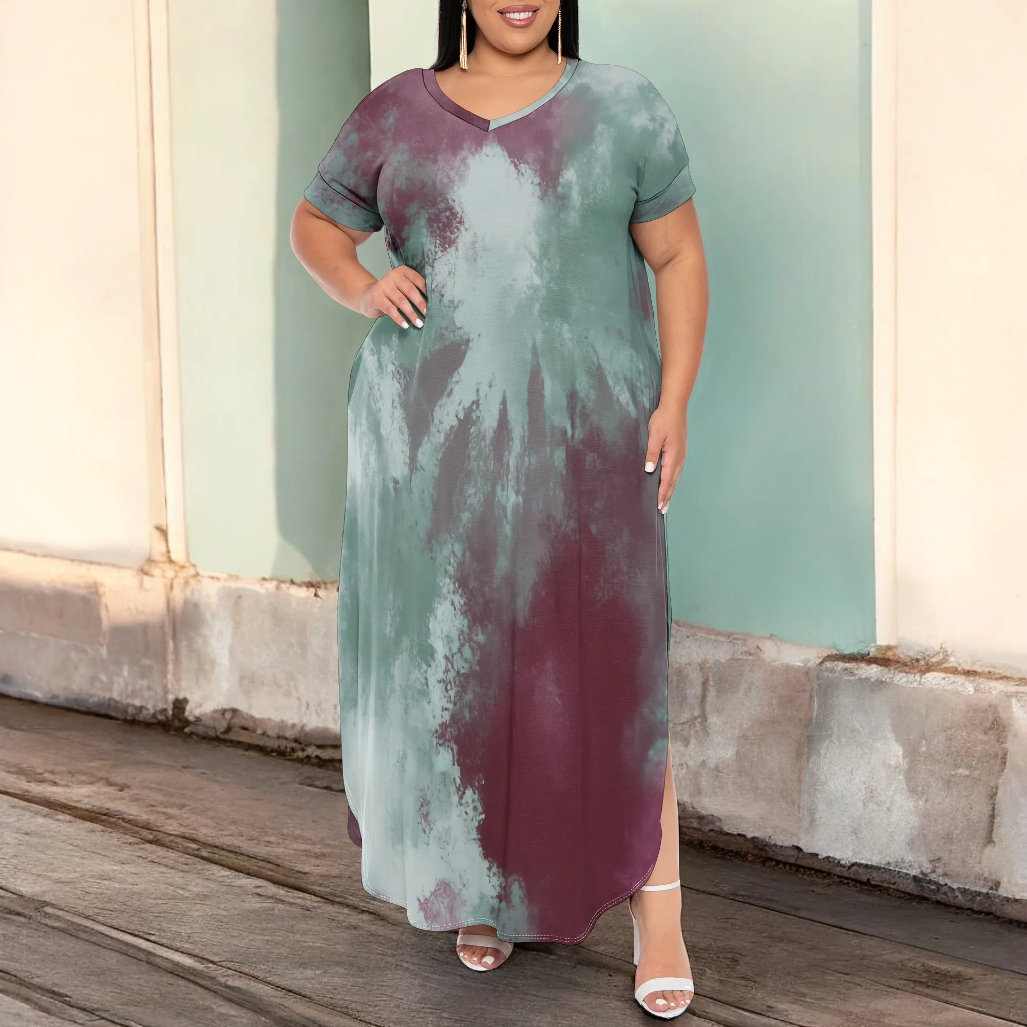 

Women's Plus Size Tie Dye Maxi Dress XL-6XL Summer Casual Loose Fit V-Neck Short Sleeve Beach Vacation Loungewear