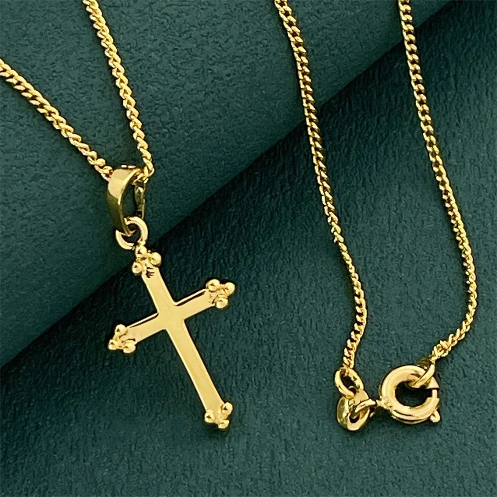 Women's 24K Gold (AU999) Delicate Cross Pendant | Gilt Cross with Hand-Chiseled Vine Patterns, Matte Base & Turquoise Inlays