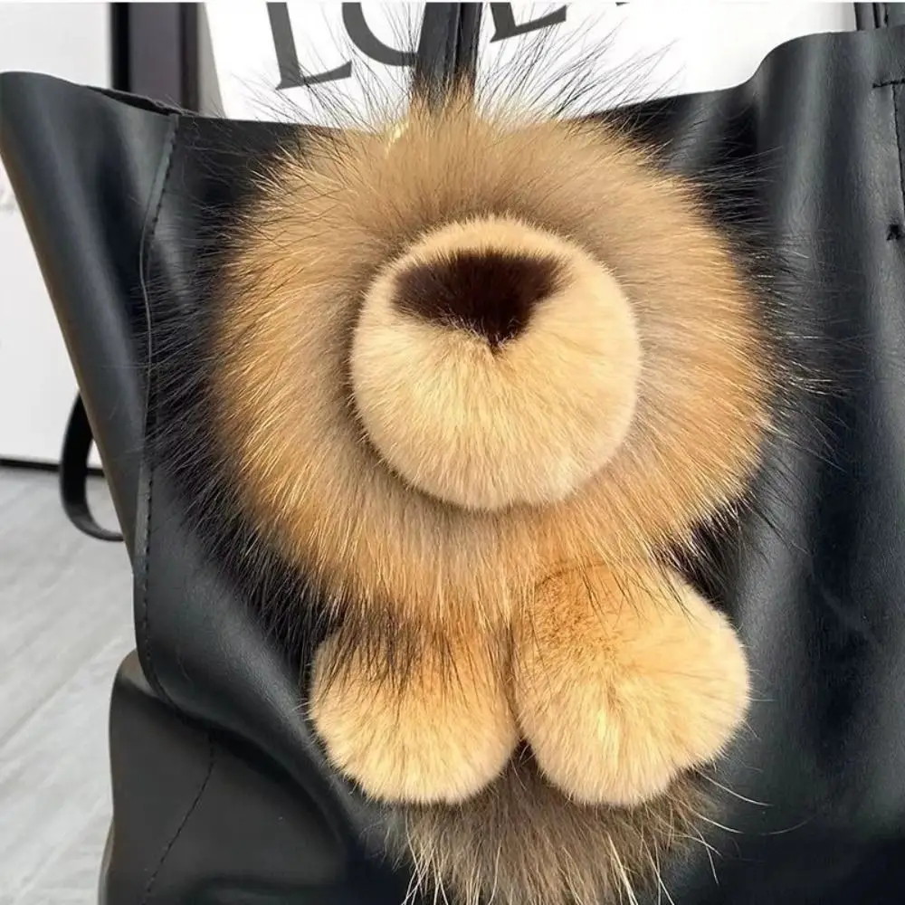 Long Mane Lion Plush Pendant with Tail Stuffed Plush Lion Keychain Ornaments Simulation Rabbit Fur Cute Animal Keychain
