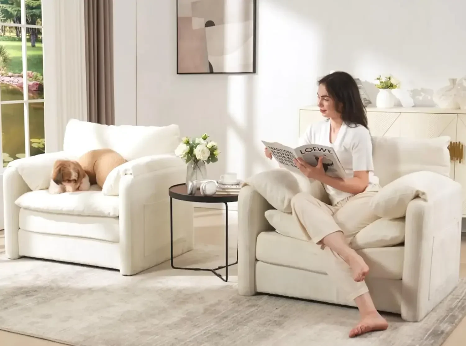 Oversized Accent Chair Set of 2, Modern Chenille Armchair for Living Room, Comfy Upholstered Reading Chairs for Bedroom, Apartme