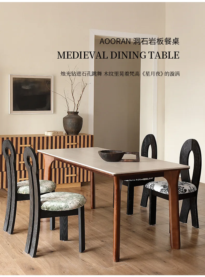 القرون الوسطى نمط ديلي فنغ الكهف الحجر روك بلاطة طاولة طعام وكراسي 2025 غرفة المعيشة الجديدة المنزل خشب متين الرجعية مستطيلة الدين