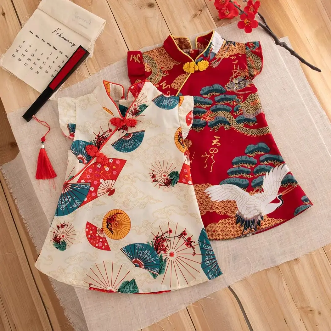 Baby Cheongsam Summer Chinese Style Print Fly Sleeve Cotton Red Qipao Toddler Girl Dress 0-2 Years