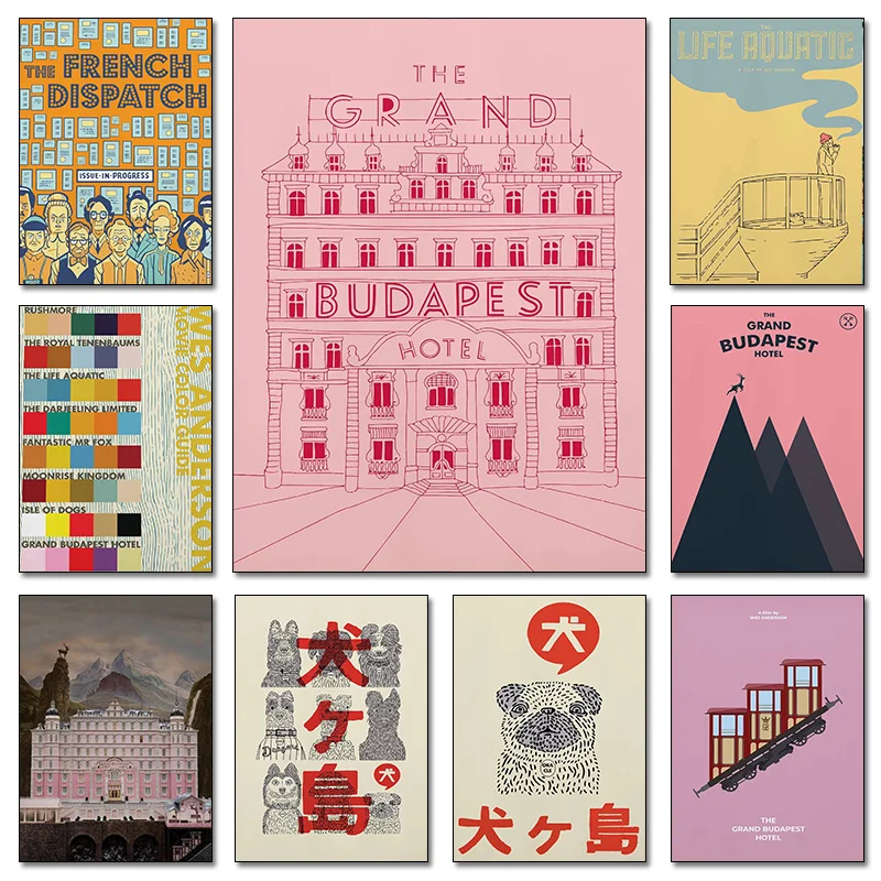 Pintura en lienzo sin marco, póster de película clásica de Wes Anderson, pintura en lienzo del película 'The Grand Budapest', impresión minimalista W, 1 ud.