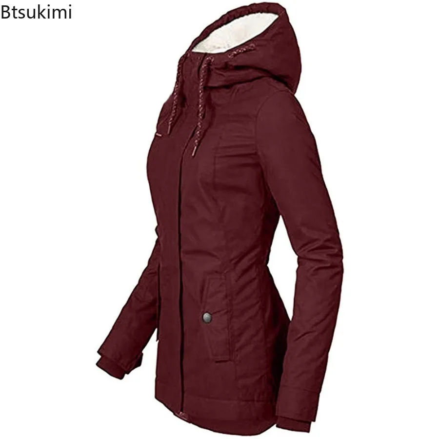 2025 New Winter Women Warm Parkas Hooded Thick Plush Coats Female Mid-Long Cotton Jacket Warm Solid Coat Lamb Wool Thick Jacket