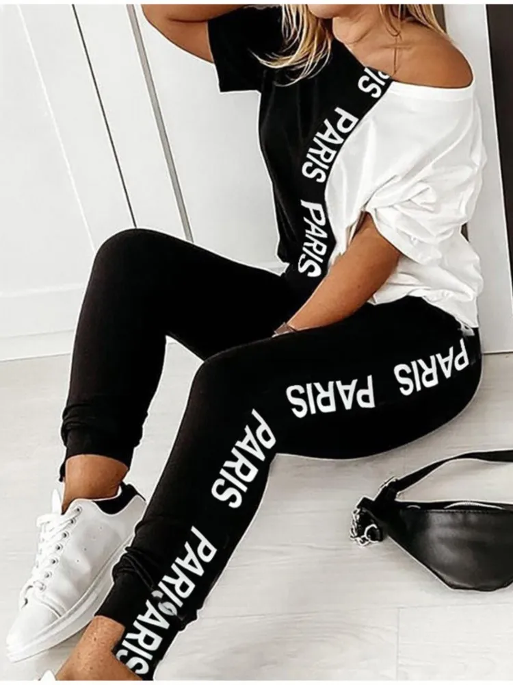 2023 Women\'s Spring Summer Sportswear Two-piece Set With Patchwork Letters Short Sleeved Long Pants Casual Women\'s Two-piece Set