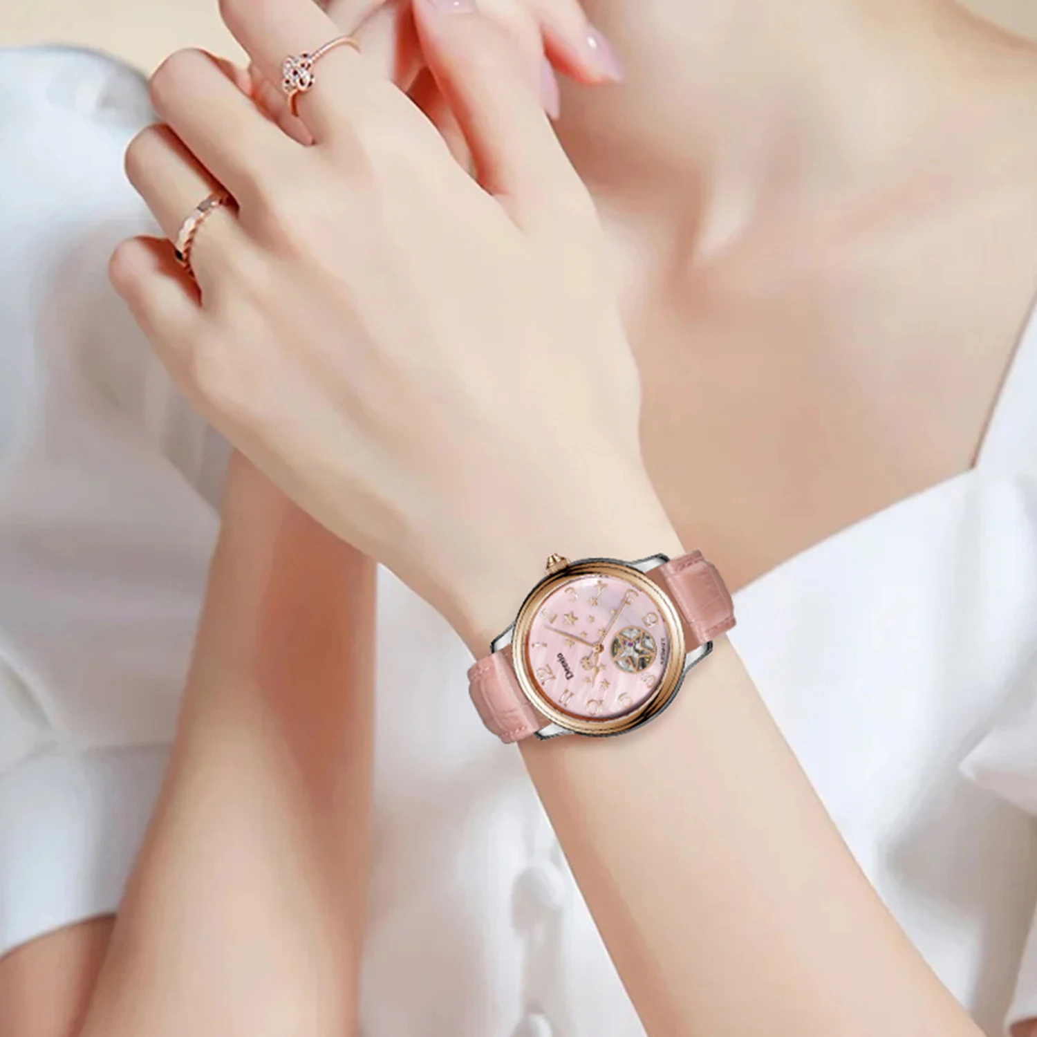 Deesio Women's Automatic Mechanical Watch Skeleton Dial Luxury Stainless Steel Band 50M Waterproof Elegant Dress Wristwatch Gift