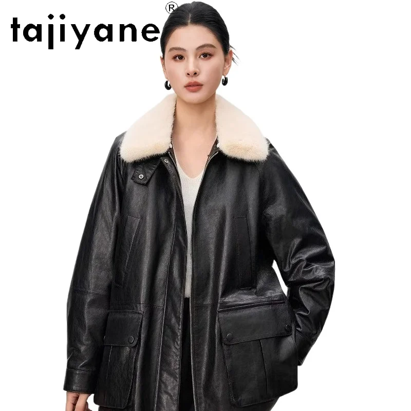 TAJIYANE Płaszcze z najwyższej jakości skóry owczej z puchem gęsim, luksusowy płaszcz z kołnierzem z futra norek, kurtka ze skóry naturalnej, odzież zimowa damska 2025, шуба