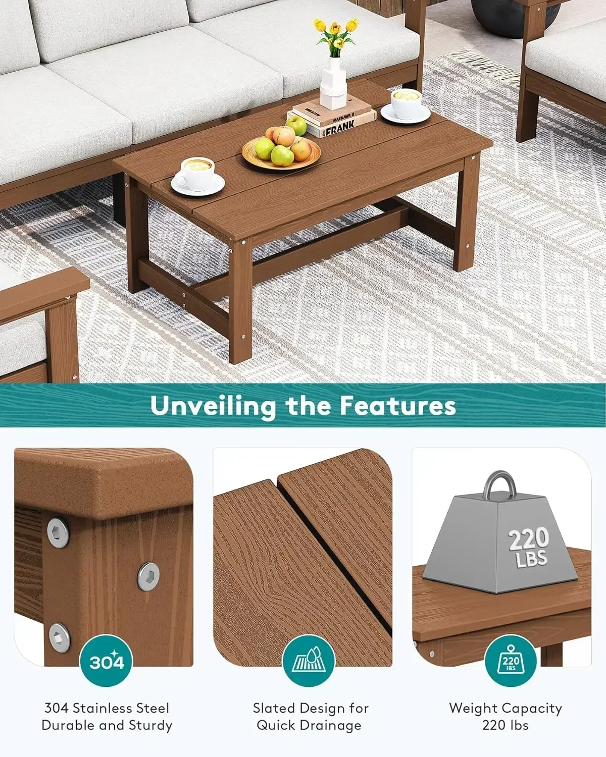 

[Limited Time Offer, Clearance!]HDPE Patio Coffee Table, Rectangle Outdoor Coffee Table, All-Weather Coffee Side Table for Balco