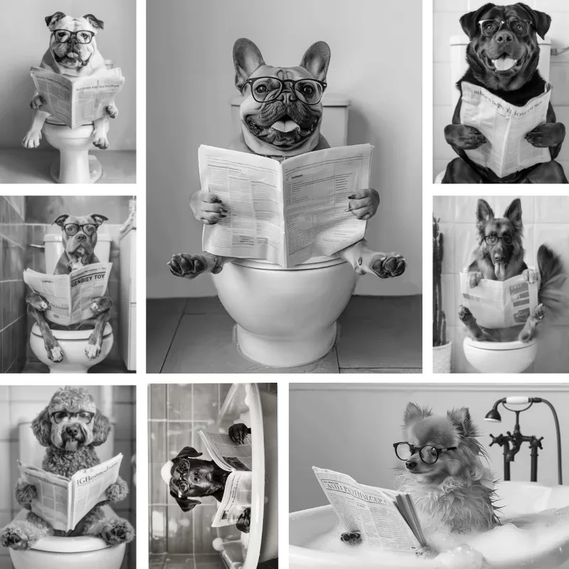 Black and White Wall Art French Bulldog Sitting on Toilet Posters and Prints Corgi in Bathtub Canvas Painting Bathroom Decor
