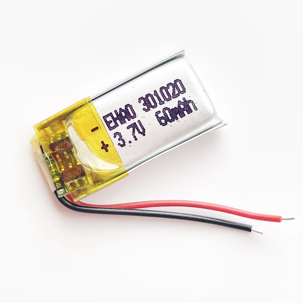 3.7V 60mAh Lithium Polymer LiPo Rechargeable Battery 301020 with JST 2Pin 1.0mm Plug For Mp3  Bluetooth Headset Speaker 3D Glass