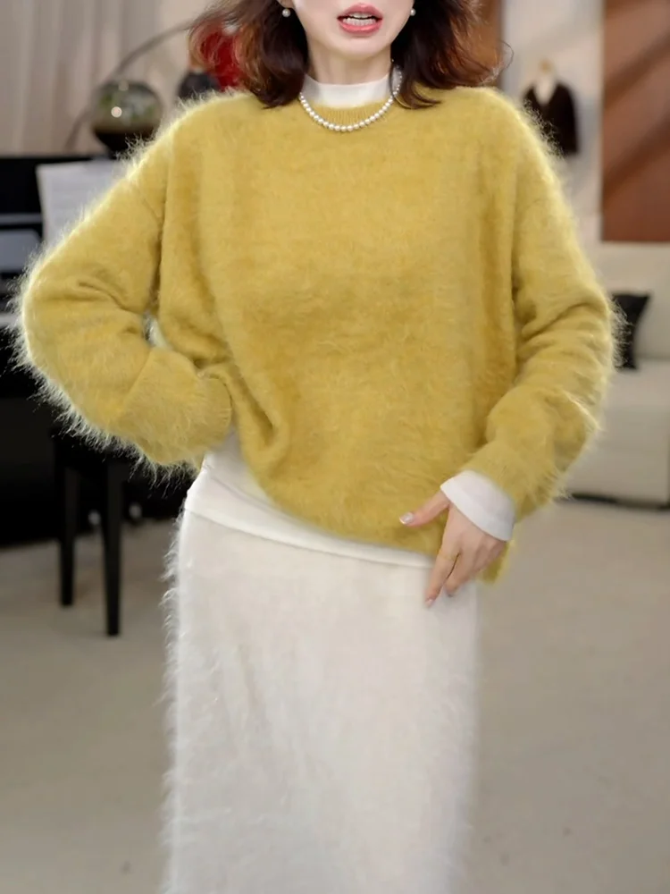 

Korean Sle Yellow Plu round Ne Knitted Sweater Large Size Casual Versatile Women's Top Warm Long Sve Camere Woolen