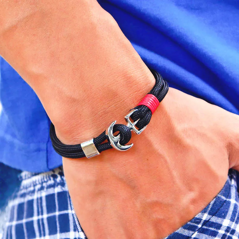 Nautische Anker Geflochtenes Seil Armband Männer Bilayer Silber Farbe Haken Grade A Minlan Cord Wrap Armband Strand Surfen Homme Schmuck
