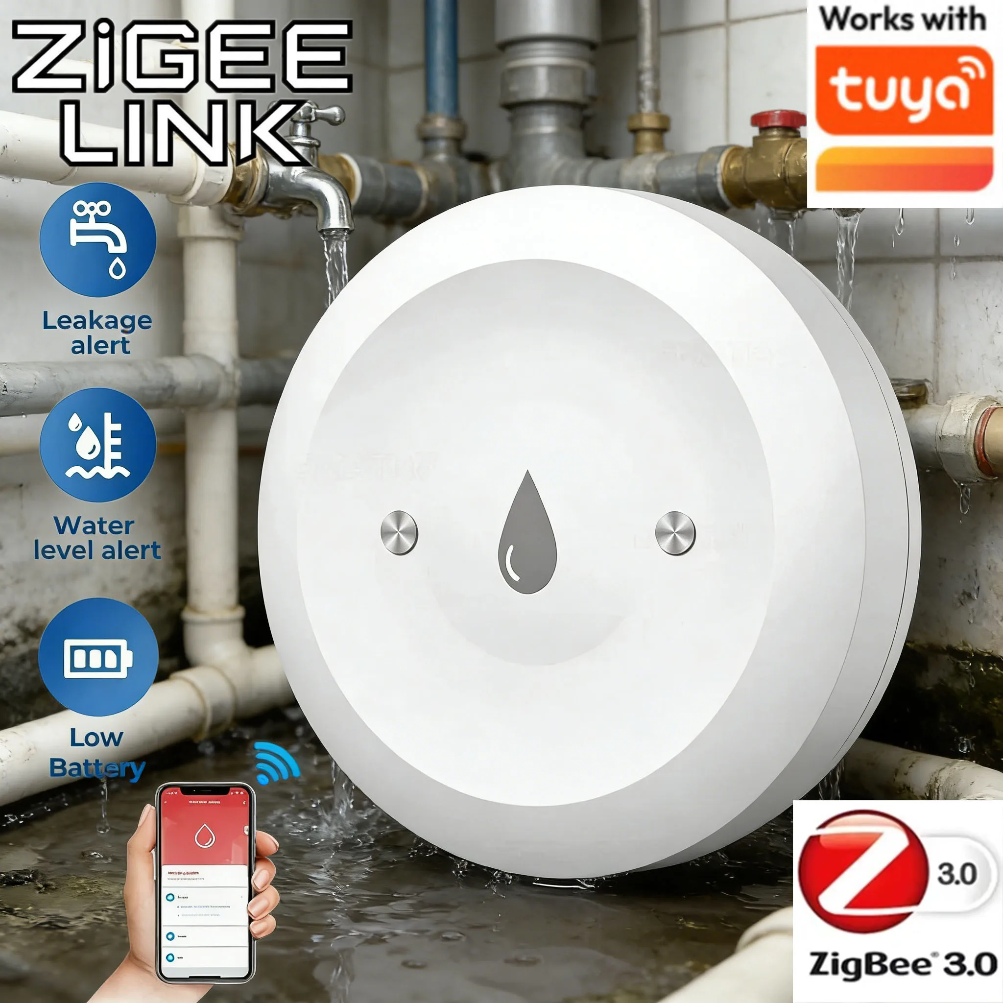 

Датчик утечки воды TUYA ZigBee, умный детектор перелива, сигнализация об утечке, оповещение в приложении для Home Assistant, Zigbee2mqtt, Alice