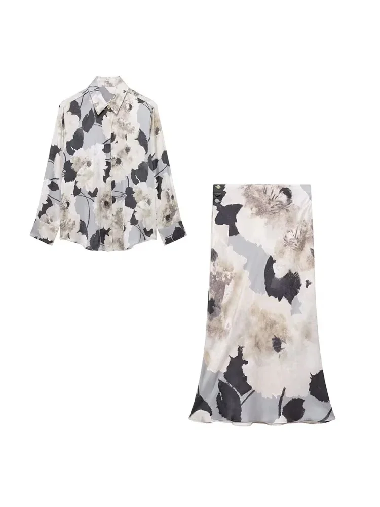 

GELITAYIN женские модные струящиеся рубашки с принтом и юбка-миди с высокой эластичной резинкой на талии, комплекты из двух предметов, женский повседневный элегантный наряд